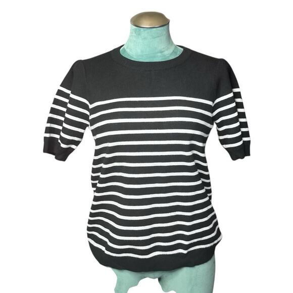 NWT Women's Zesica Crew Neck Pullover Ribbed T Shirt Black Striped Knit Size M - Picture 2 of 8